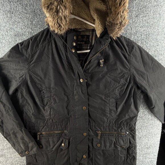 Barbour Kelsall Waxed Jacket Women Full Zip Tartan Lined 12 US Pockets Hooded - Picture 1 of 16